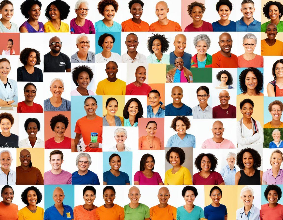 A collage of diverse individuals, each representing a unique cancer journey, radiating hope and resilience. Include elements like support groups, medical settings, and personal achievements, like completing a marathon or celebrating life. Emphasize emotional connections through warm colors and uplifting expressions. Vibrant and inspiring atmosphere. super-realistic. vibrant colors. white background.