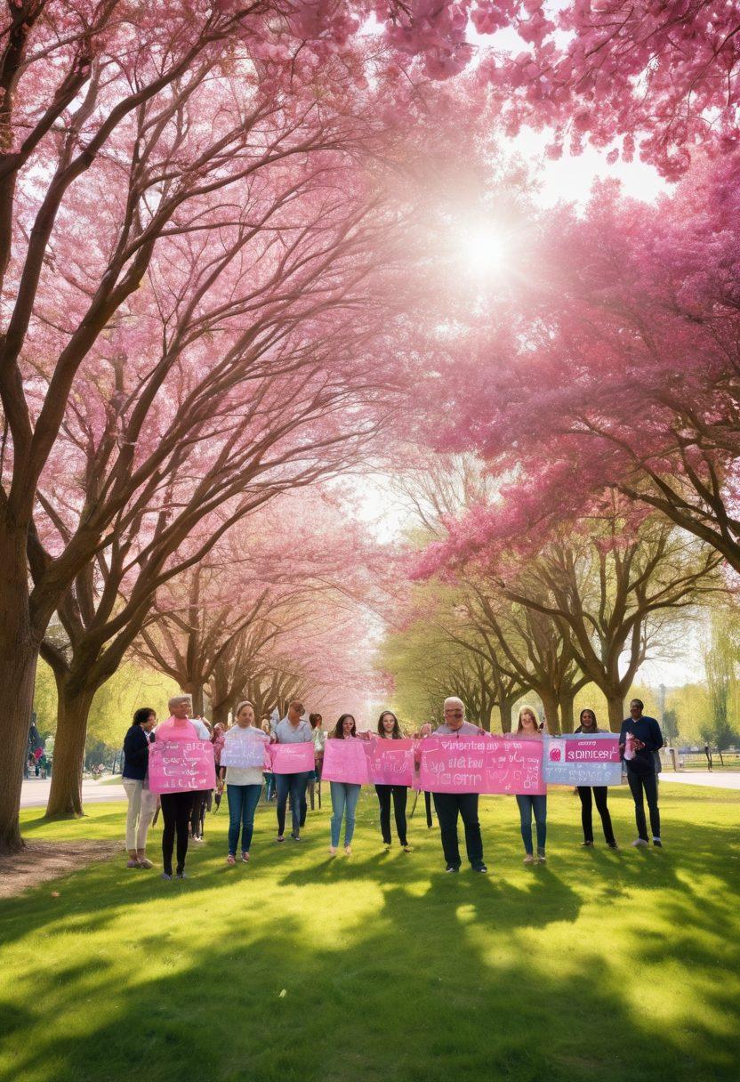 A diverse group of people holding colorful banners and signs advocating for cancer awareness, standing together in a park adorned with blooming flowers. In the background, a large pink ribbon symbol and educational materials are visible. People of all ages and backgrounds are smiling and interacting, demonstrating unity and hope. Soft sunlight filters through the trees, creating a warm, inviting atmosphere. painting. vibrant colors. wide angle.