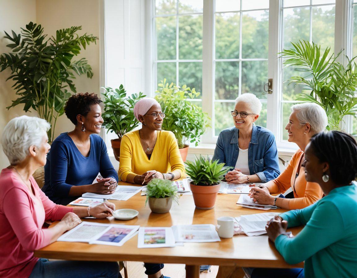 A warm and inviting scene depicting a diverse group of cancer survivors sharing their stories in a cozy support group setting. Soft natural light filtering through large windows, plants in the background symbolizing growth and resilience. A table filled with resources like pamphlets and informational booklets, vibrant colors representing hope and positivity. Joyful expressions and supportive body language among the participants enhance the atmosphere of empowerment and community. watercolor painting. uplifting. vibrant colors.